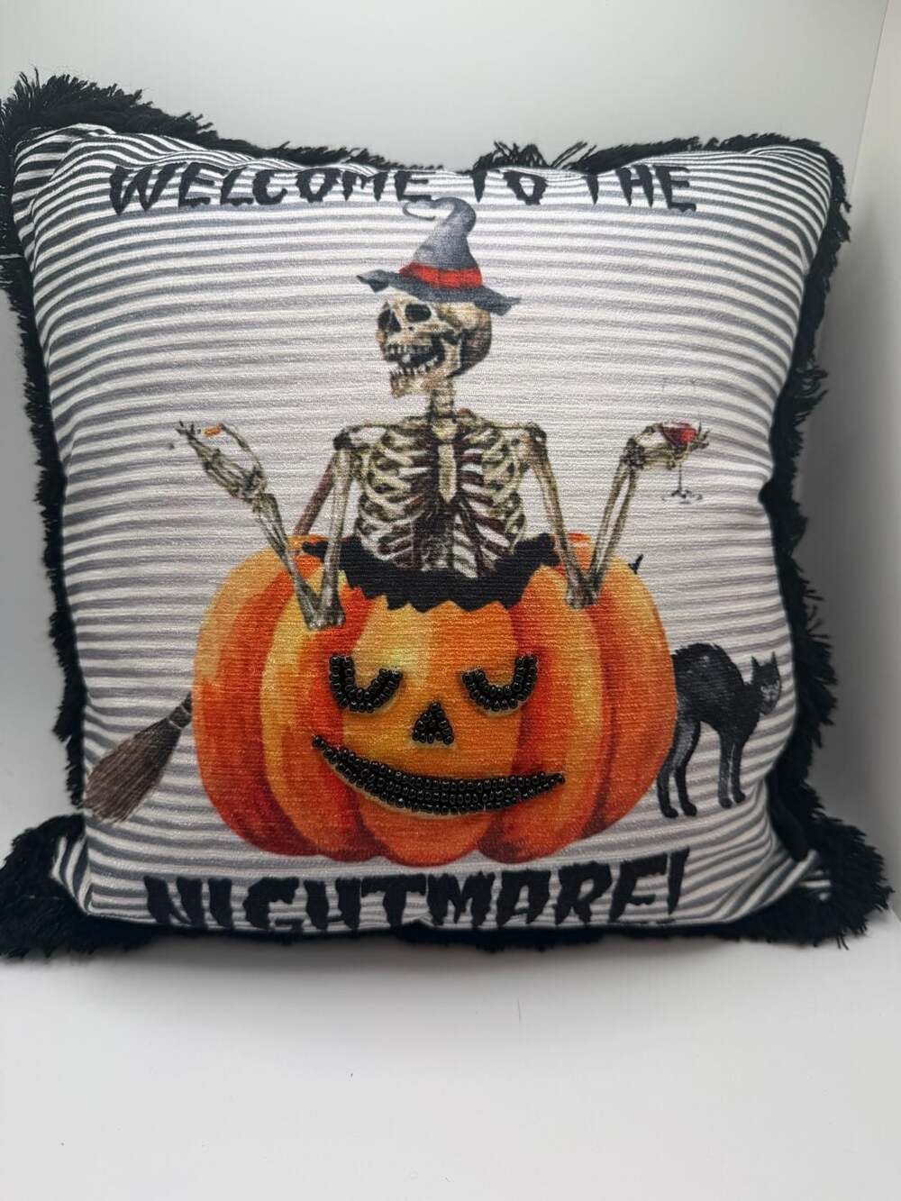 Halloween Skeleton Pumpkin Throw Pillow 12x12 Witch Black Cat Nightmare Decor